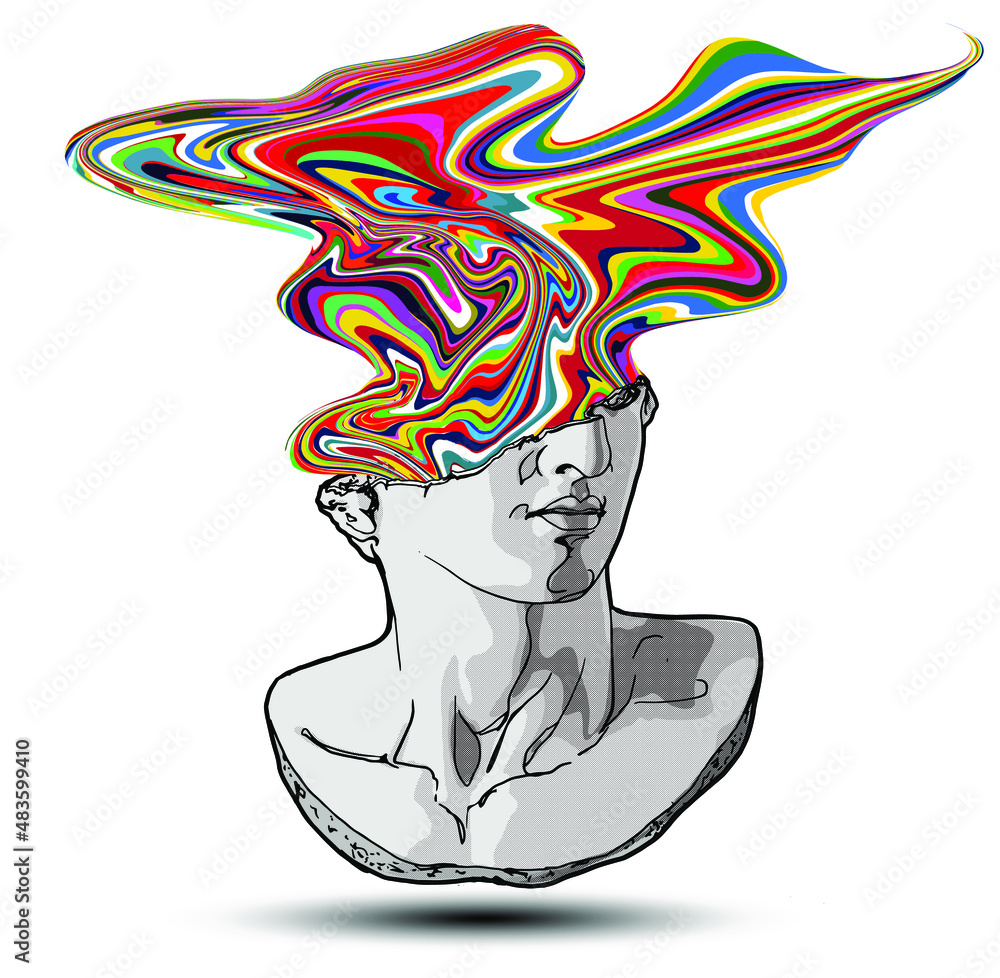 Aufkleber vector hand drawn illustration of classical sculpture fragment of colossal head with psychedelic col
