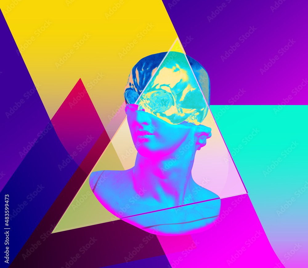 Aufkleber concept illustration from 3d rendering illustration of a broken classical head sculpture with shiny 