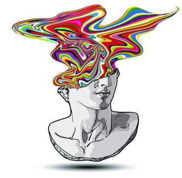 Vector hand drawn illustration of classical sculpture fragment of colossal head with psychedelic colorful lines flowing from the broken side. Isolated on white background. 