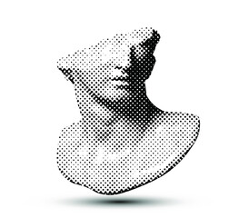 Vector black and white dot halftone broken classical style head sculpture fragment from 3d rendering isolated on white background. 