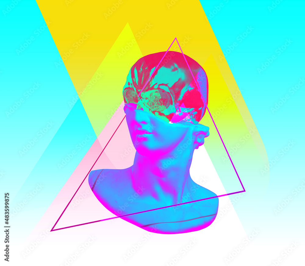 Aufkleber concept illustration from 3d rendering illustration of a broken classical head sculpture with shiny 