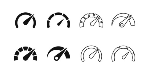 Speedometers icons set. Speed indicator sign. Performance concept. Fast speed sign. Vector illustration - obrazy, fototapety, plakaty
