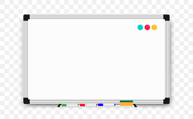 Realistic office Whiteboard. Empty white marker board with marker pens on transparent background. Scool blackboard with round color magnets. Space for your design and text. Vector illustration © Vlad