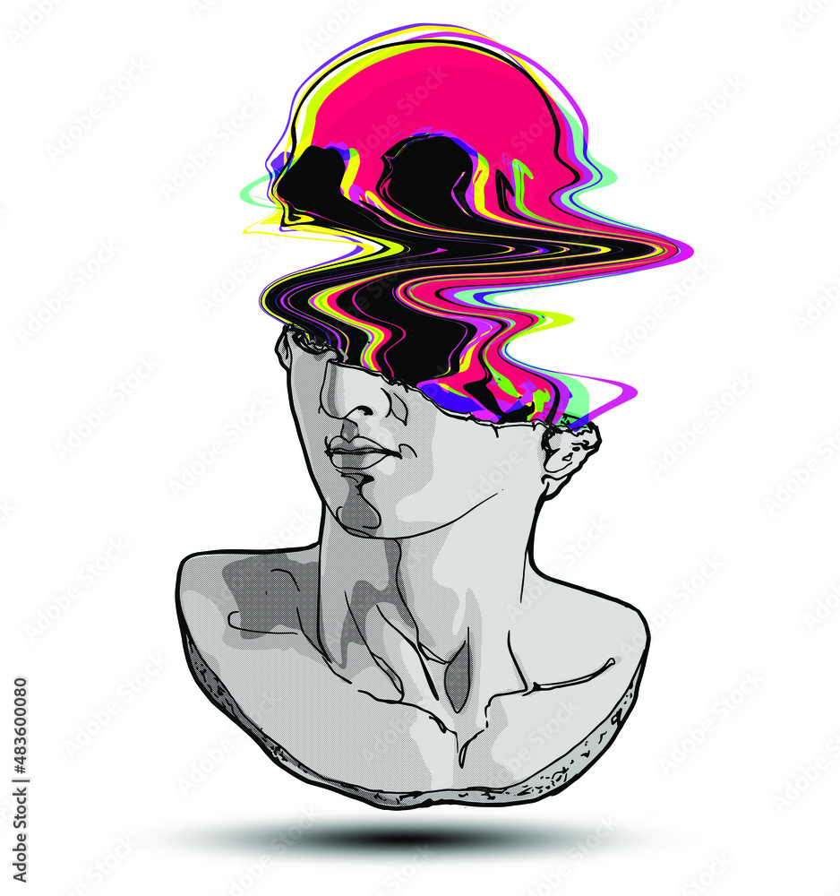 Aufkleber vector hand drawn illustration of classical sculpture fragment of colossal head with colorful glitch