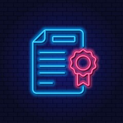 Neon element of product certification document. Product quality control, compliance with standards.