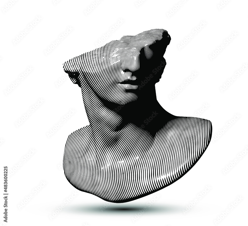 Poster vector black and white waving line halftone broken classical style head sculpture fragment from 3d r