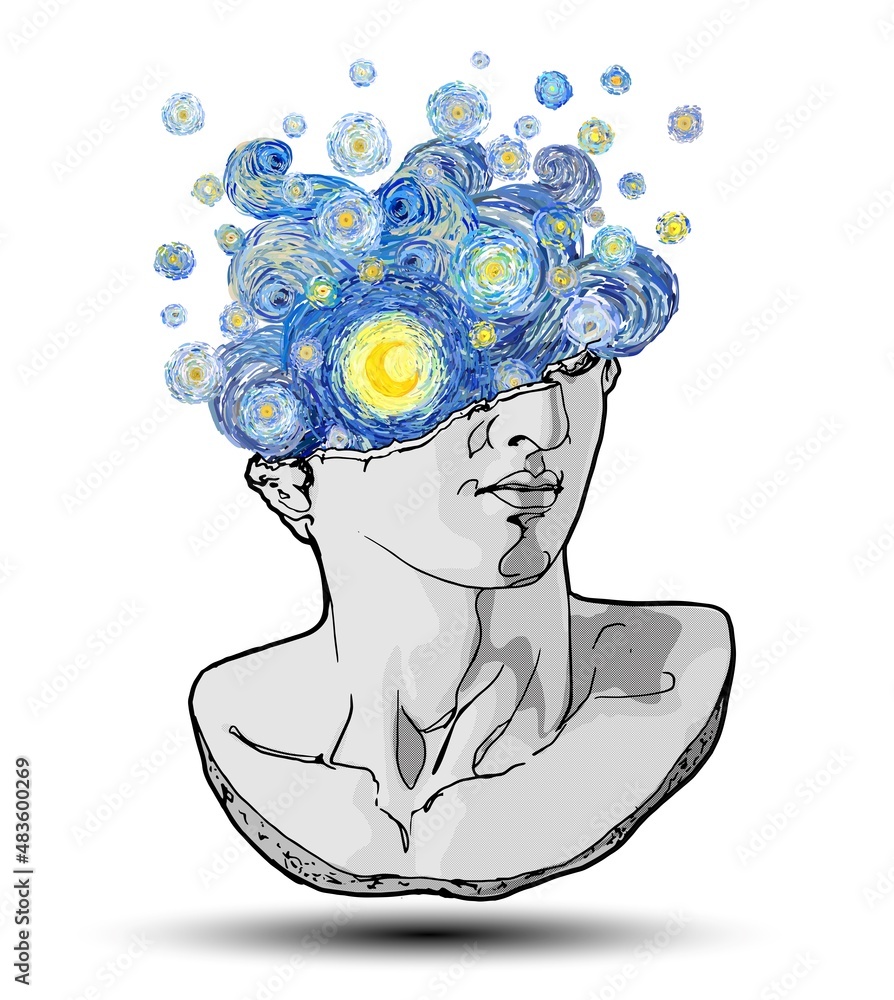 Aufkleber vector hand drawn fragment of colossal head of classical sculpture with impressionist starry sky and