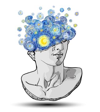 Vector hand drawn fragment of colossal head of classical sculpture with impressionist starry sky and moon exploding from the broken side isolated on white background.