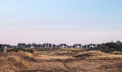 Fototapeta na wymiar Residential houses in the dunes of Blokhus Strand beach, North Denmark Region