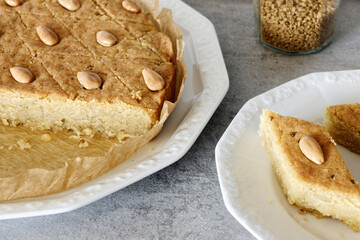 Fenugreek cake with semolina. Homemade helbeh dessert.