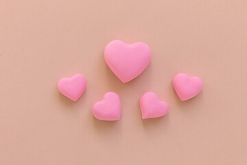 3d pink hearts creative arrangement. Concept of love, romantic relationship, heart shape symbol, simple layout, celebration of  Valentine's Day, wedding background.