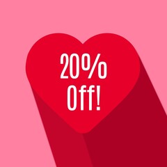 20% off on a red heart on a pink background for Valentine's Day and Mother's Day. twenty percent off on a red heart.