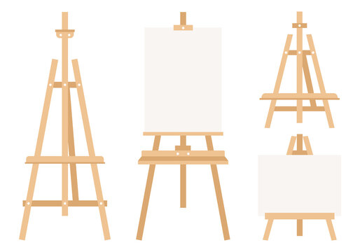 Set of wooden easels or painting art boards with white canvas. Flat vector illustration on a white background.