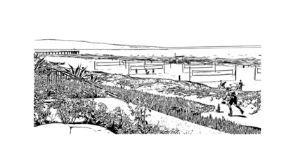 Obraz premium Building view with landmark of Manhattan Beach is the city in California. Hand drawn sketch illustration in vector.