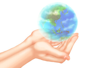 両手をお椀にして差し出す手（半透明の地球）