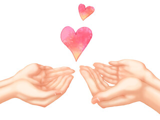 Obraz premium 両手をお椀にして差し出す男女の手とハート（恋人、夫婦）