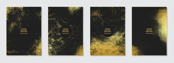 Cover design set. Black vintage backgrounds, unique golden grunge texture, text frame. Geometric abstract pattern. Collection of vector vertical templates for creative work.