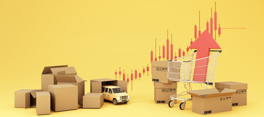 The concept of inflation is increasing. affecting international trade and transportation business in the yellow and red background and transport of the surrounding and cardboard 3d rendering