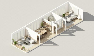 Interior in vintage minimalist style in the living dining  bedroom. using wood material and light gray cloth on parquet floor and arched walkways in an apartment with large windows 3d render isometric
