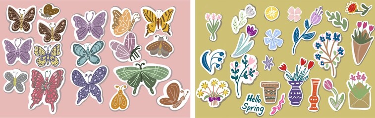 Spring flowers stickers stylized plants folk motifs hyuge bohemia english lettering hello spring hand drawn individual elements big set

