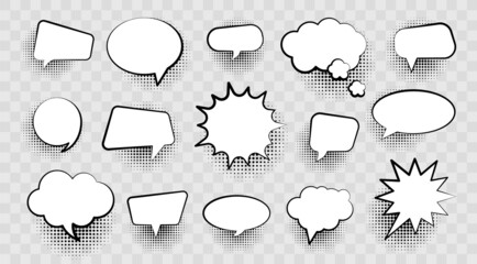 Empty comic bubbles with halftone shadows on transparent background. Set of speech bubbles. Hand drawn dialog bubbles. Retro elements for design in pop art style and vintage.
