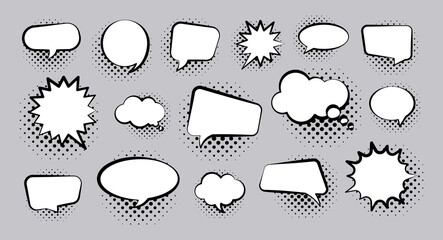 Empty comic bubbles with halftone shadows. Set of speech bubbles. Hand drawn dialog bubbles. Retro elements for design in pop art style and vintage.