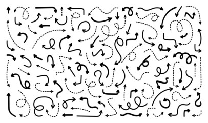 Obraz premium Hand drawn arrows set. Sketch curved dashed arrow. Arrows handmade doodle style. Collection arrows of varios shapes and directions. Vector illustration.