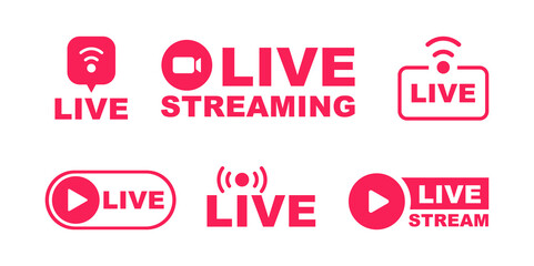 Live streaming icon set. Live broadcasting buttons and symbols. Set of online stream icons. Live stream logo. Social media. Vector illustration.