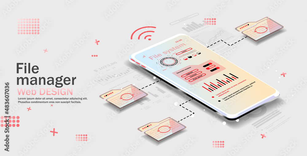 Poster file manager. file management. the landing page of the file transfer and data management concepts. a