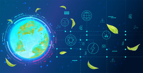 Vector. Planet Earth from space. Flickering lights of cities. Map of the mainland.  Save the planet, nature, and the environment.  Vecror iilustration.