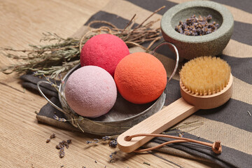 Colorful lavender bath bombs and spa accessories