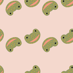 Frog pattern seamless in freehand style. Head predator on colorful background. Vector illustration for textile.