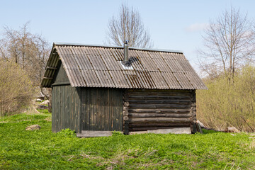 Fototapeta na wymiar Russian sauna building exterior on a daytime