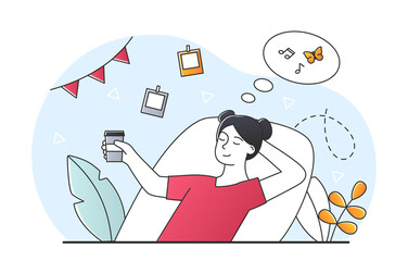 Enjoys life concept. Lazy girl lies and rests on pillow with drink in her hands. Character relaxes after working day. Weekends, summer heat and comfort vacation. Cartoon flat vector illustration