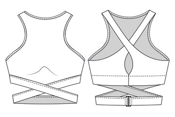 Girls Sports Bra fashion flat sketch template. Women Active wear Crop top technical fashion illustration. Front and back view. Outline fashion technical sketch of clothes model. - obrazy, fototapety, plakaty