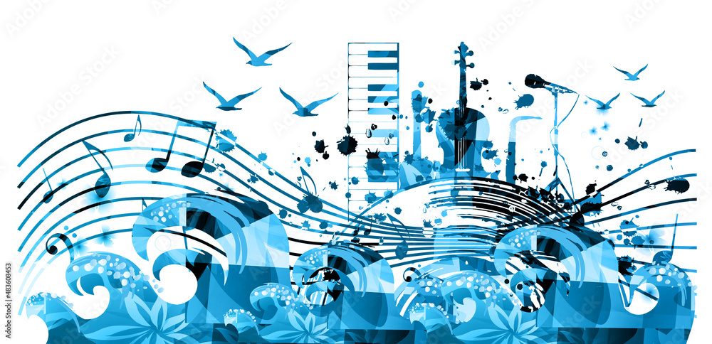 Wall mural music poster with musical instruments and notes isolated vector illustration. artistic background wi