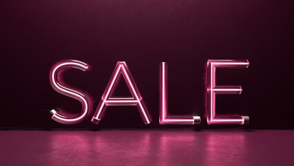 sale neon and glass 3d rendering with pink background template for your business