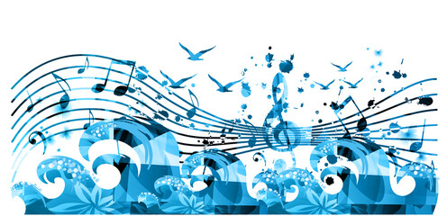 Musical poster with musical notes, waves and gulls isolated vector illustration. Inspirational music, composing, creating music. Design for live concert events, music festivals, shows, party flyers © abstract