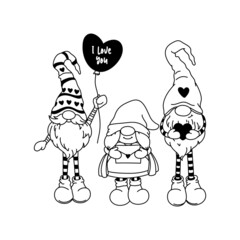 Three cute Scandinavian gnomes hold hearts in their hands. Cartoon linear style. Vector romantic illustration for Valentine's Day cards, gifts, t-shirts, mugs, stickers, and design.