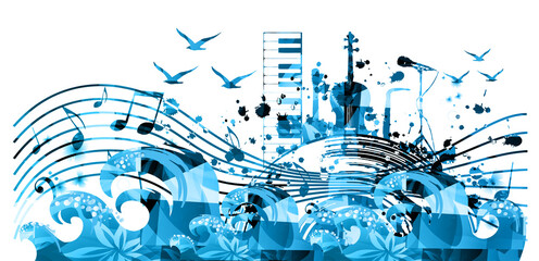 Music poster with musical instruments and notes isolated vector illustration. Artistic  background with sea waves and gulls for live concert events, music festivals, shows. Party flyer with LP record - 483608453