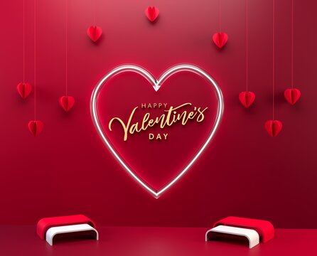 Happy Valentine day 3d rendering red background with neon heart. Podium for product display with roses