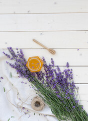 Honey and lavender bouquets. Virus treatment concept. Wooden table.