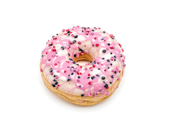 donut with white and pink chocolate icing and berries on white background