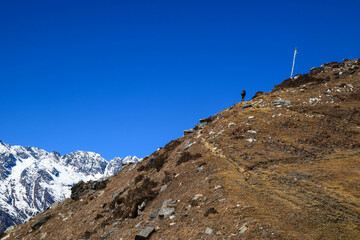 Fototapeta premium Himalaya mountains in Nepal. Tamang Heritage Trail and Langtang trek day 3 from Tatopani to Nagthali