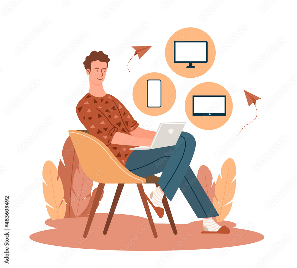 Aufkleber networking service concept. man sits on chair with tablet. programmer connects several devices, inte