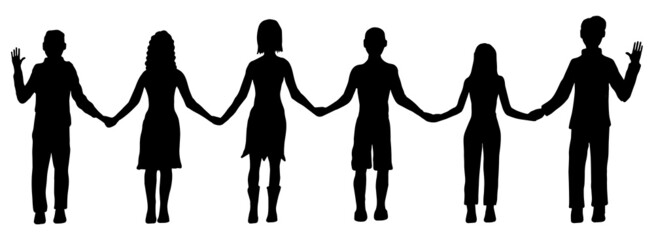 Vector illustration of the international Friendship Day. Silhouettes of men and women stand holding hands.