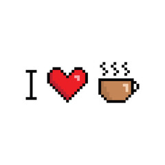  pixel cup of coffee with heart  I love coffee vector icon logo