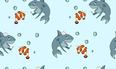 Fototapeta premium Seamless pattern with a shark and a small clown fish on a blue background. Vector illustration. Cartoon dentist shark. Baby seamless pattern for a medical theme.