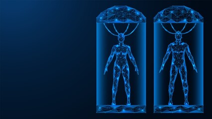 A man and a woman in cryogenic capsules. Hibernation chambers for sleeping. Futuristic polygonal design of interconnected lines and dots. Blue background.
