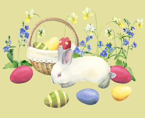 Watercolor easter bunny with violets and eggs
